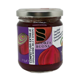 Confettura extra di cipolle rosse mele e zenzero in origine Scorza Buona 212 grammi