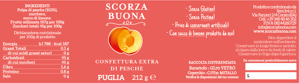 etichetta di pesche Scorza Buona 212 grammi colazione